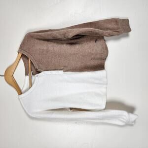 Hollister Color Block Crop Henley Fuzzy Soft Sweater White Brown Cozy Chic Indie